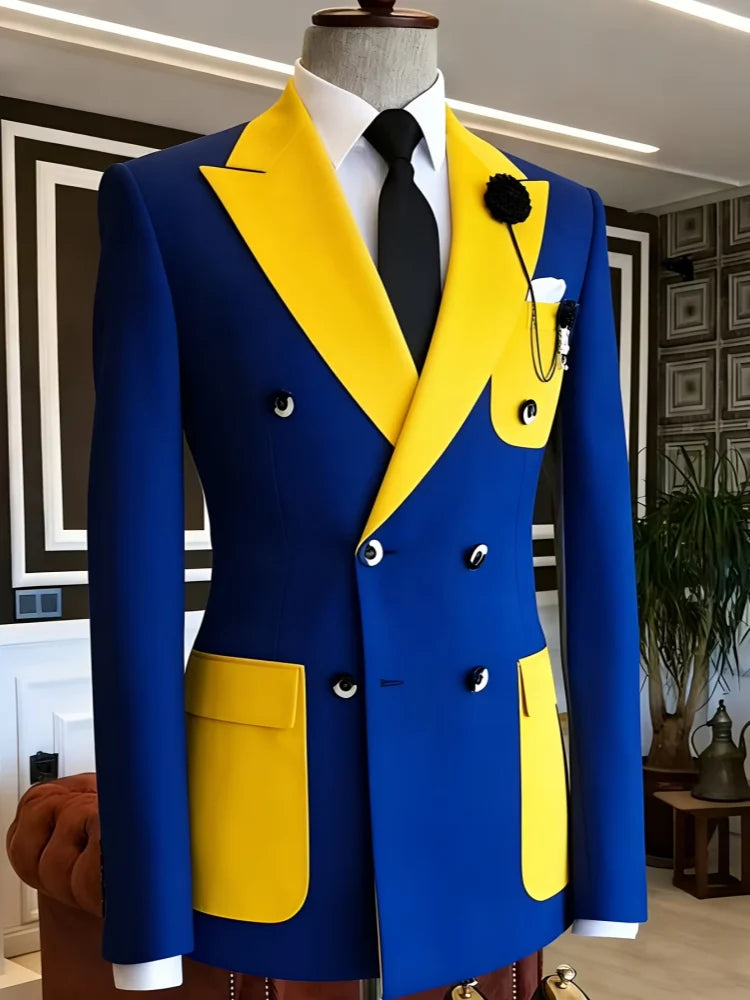 Men's Slim Fit Double Breasted Tuxedo Jacket Fashion Contrast Spliced Peak Lapel Wedding Groom Stage Formal Business Blazer