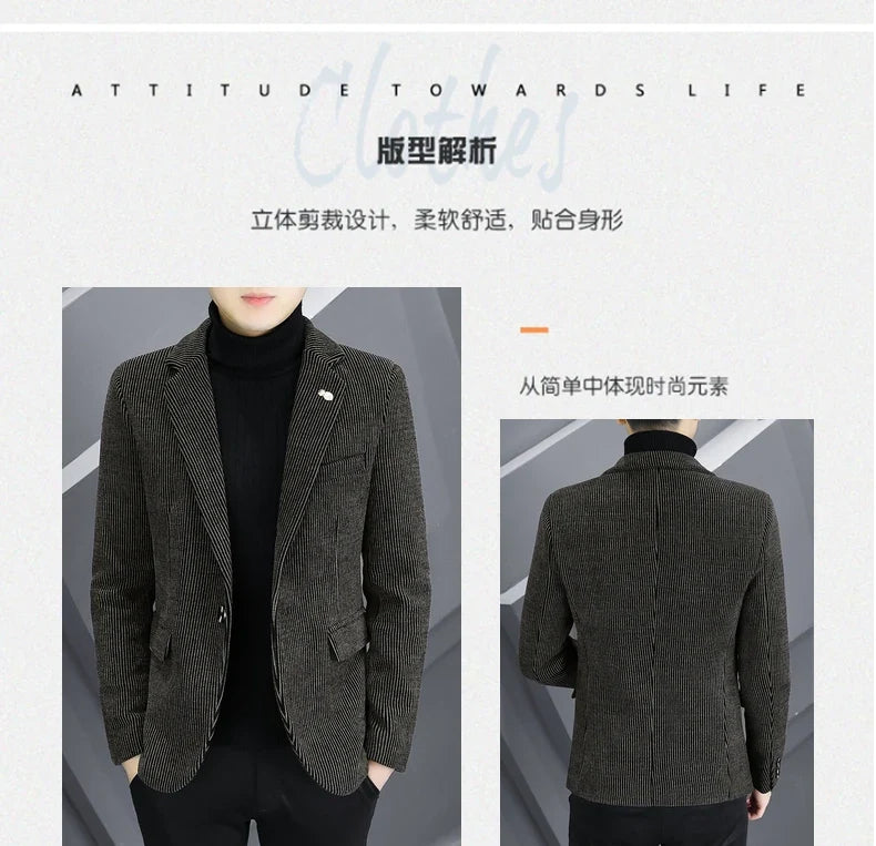 Blazer Autumn/Winter Golden Sable Velvet and Cotton Thickened Thermal Small Suit Fashion Business Men's Slim Blazer