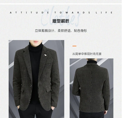 Blazer Autumn/Winter Golden Sable Velvet and Cotton Thickened Thermal Small Suit Fashion Business Men's Slim Blazer