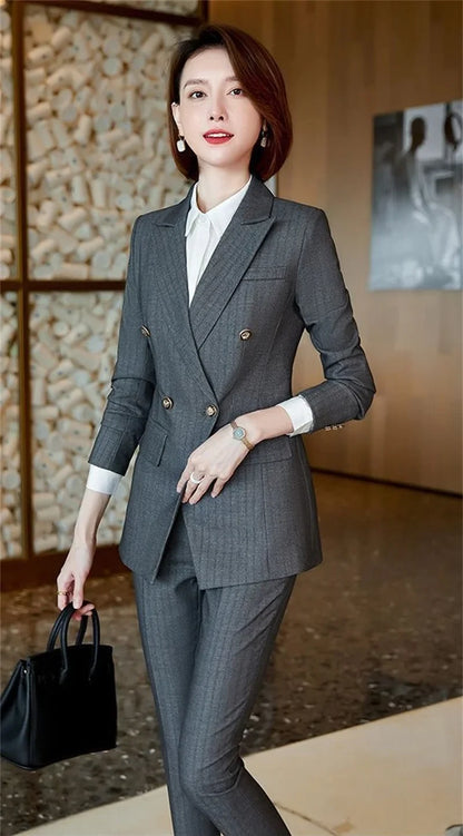 Elegant Office Ladies Two Piece Sets Womens Outifits 2025 New Double Breasted Long Sleeve Blazers Loose Casual Pant Suits