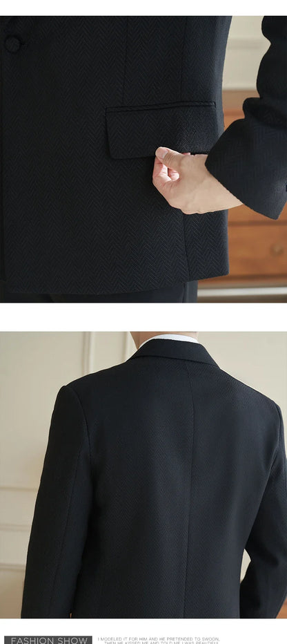 Herringbone Pattern Fabric Suit Jacket Men Autumn Winter Casual Business Dress Coat Wedding Groom Banquet Party Blazer Masculino