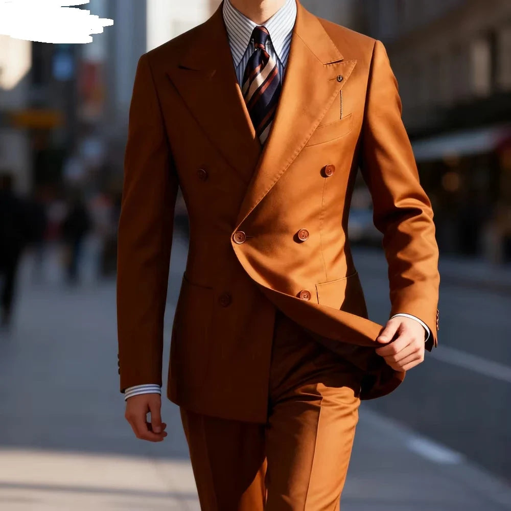 Men's Brown Double Breasted Terno 2-Piece Suit Jacket And Pants Classic Formal Occasion Business Wedding Men Clothing
