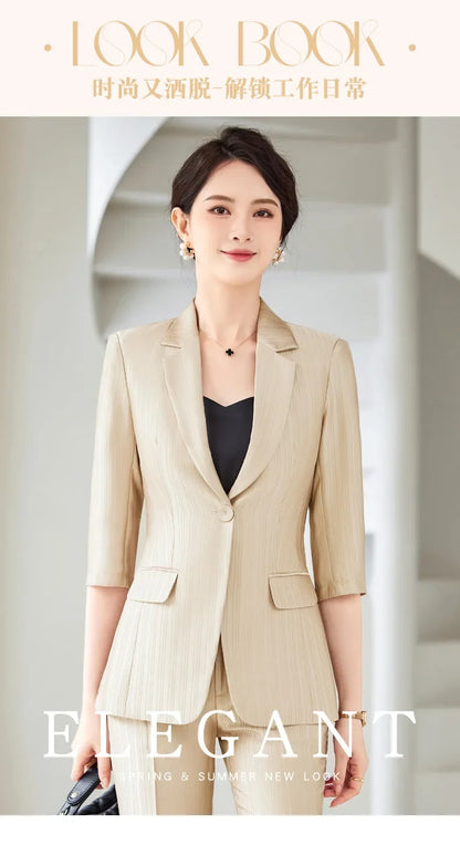 Suit Sets Ladies Temperament 2024 Spring Summer Thin Section Acetate Satin Business Wear Office Lady High-End elegant Blue Suit
