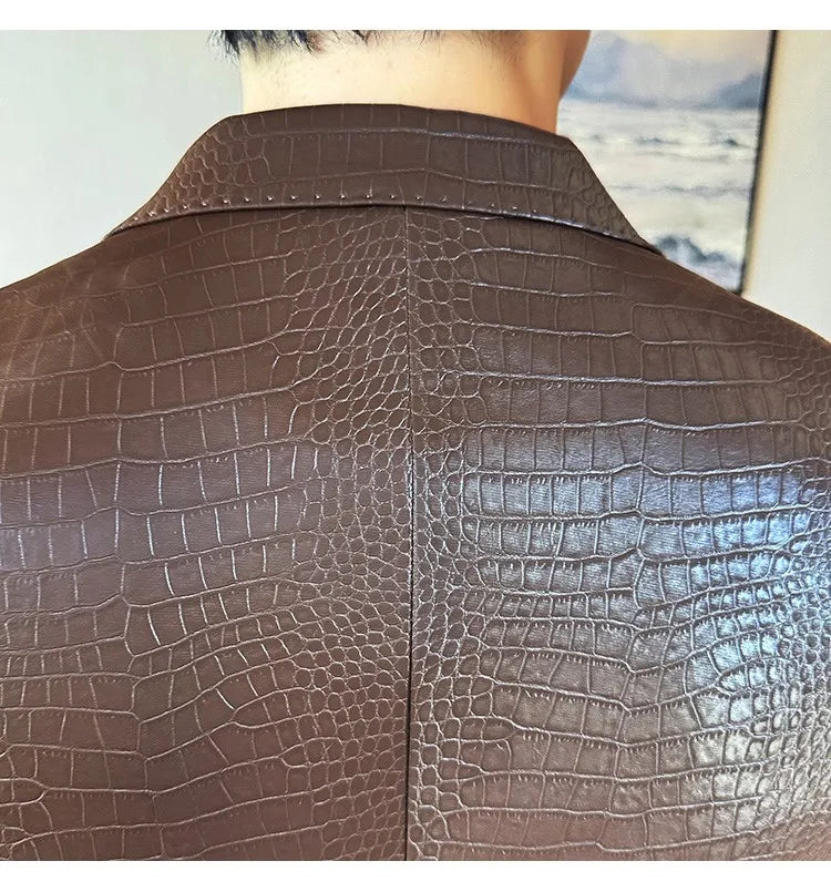 2026 Crocodile Patterned Leather Suit Jacket Men Slim Fit Business Casual Leather Jacket Wedding Groom Party Work Men Blazers