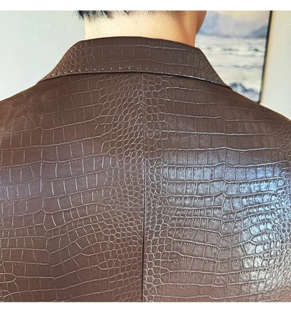 2026 Crocodile Patterned Leather Suit Jacket Men Slim Fit Business Casual Leather Jacket Wedding Groom Party Work Men Blazers