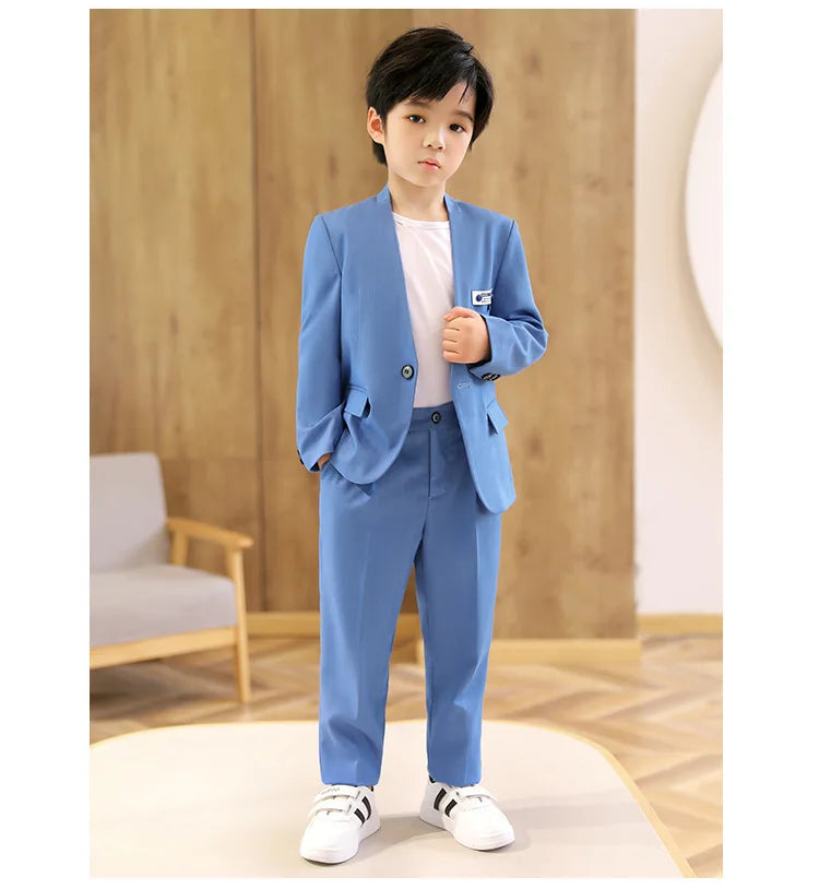 Boys Formal Suit Set Kids Wedding Tuxedo Jacket Pants Blue Ceremony Outfit