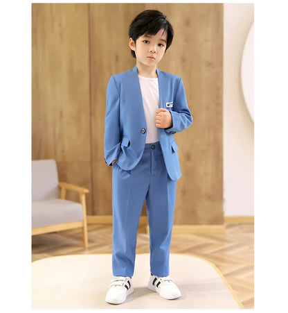 Boys Formal Suit Set Kids Wedding Tuxedo Jacket Pants Blue Ceremony Outfit