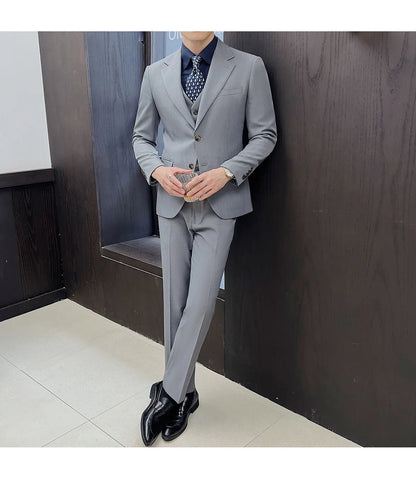 ( Jacket+Vest+Pants ) ltalian Style Luxury High-end Fashion Solid Color Mens Business Slim Suit 3Piece Set Groom Wedding Tuxedo