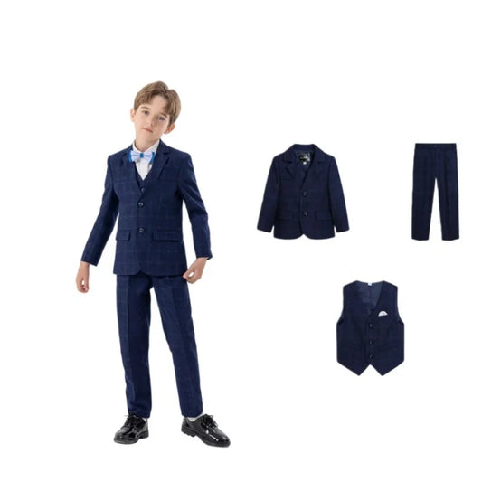 Gentleman Boys Blue Plaid Suit Set Kids 3Pieces Jacket Vest Pants Formal Suit For Wedding Children's Birthday Photography Blazer