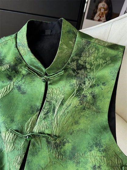 2025 Retro Chinese Literature Green Jacquard Vest Classical Chic Versatile Waistcoat Female Sleeveless Singlet Tops