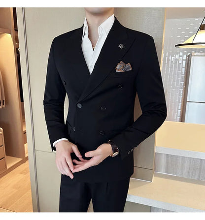 (Jacket+Pant) Fashion Double Breasted Design Men's Slim Fit Suits High Quality Italian Style Wedding Social Tuxedo Men Clothing
