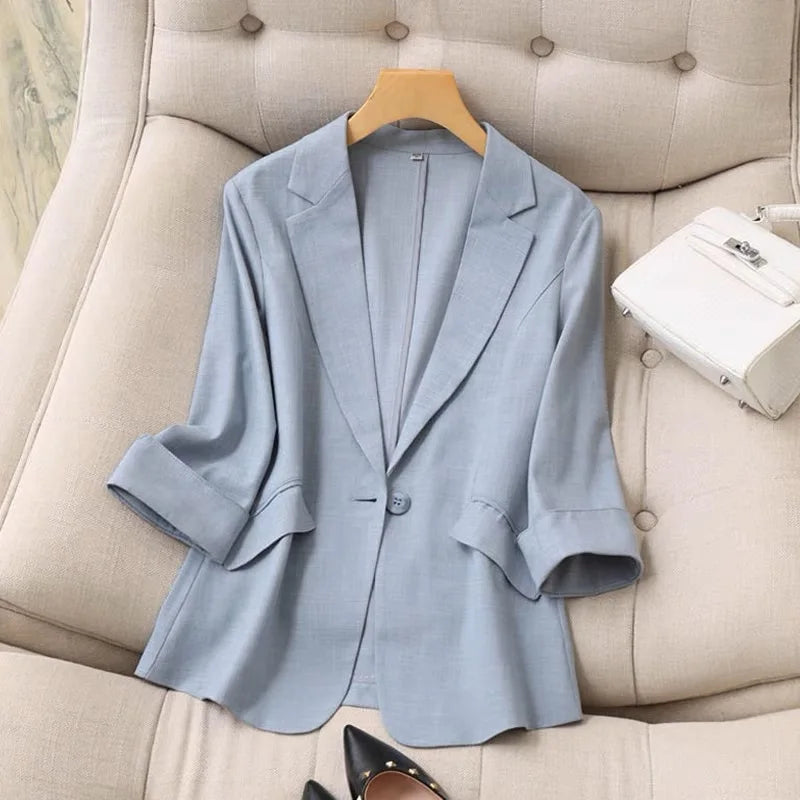 Spring Summer New Style Korean Version Silk Fashion Small Suit Jacket Women Thin Sleeve Seven Button Slim Fit Western Wear
