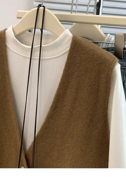 Women's Soft Knitted Vest  Women Casual Button Deep V-Neck Sleeveless Autumn  Pullover Simple Tank Tops Loose Knitwear  Tops