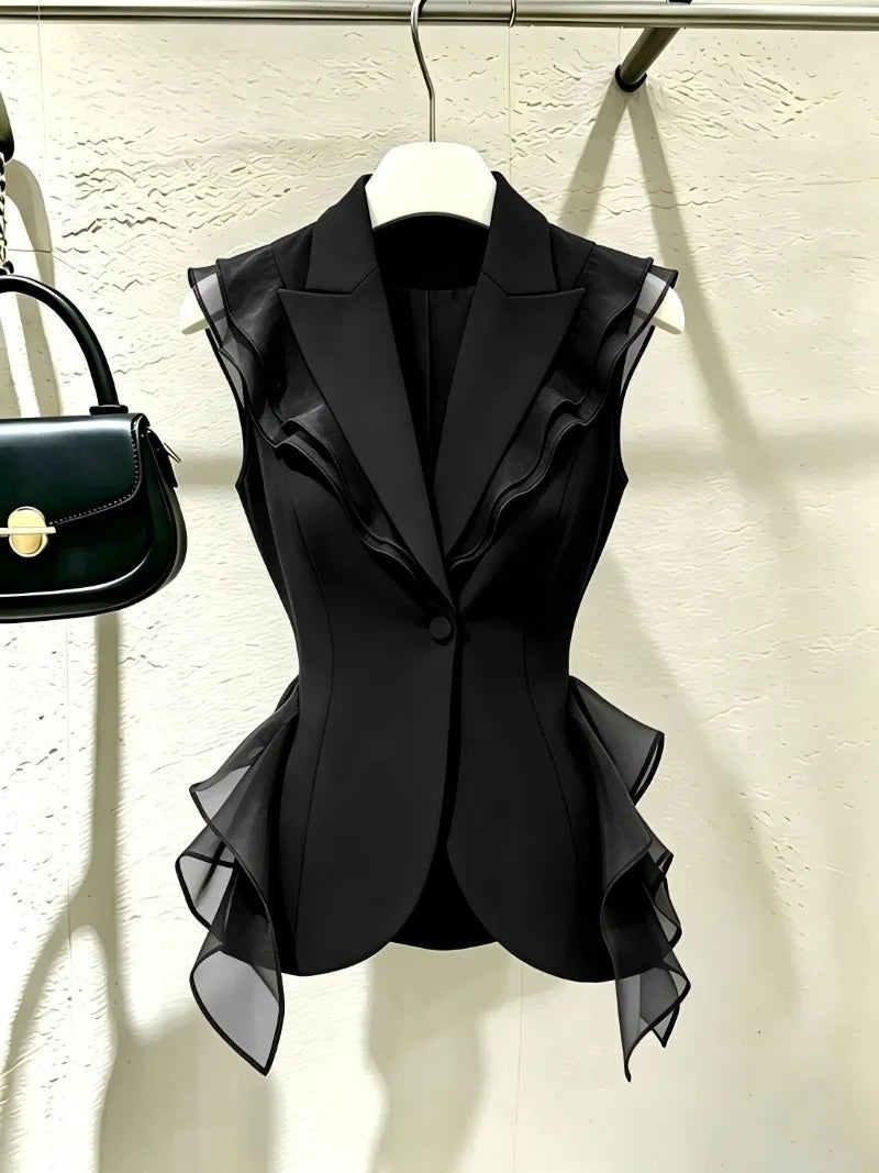 2026 New Black Suit Vest Female Summer Korean Fashion Spliced Flounces Sleeveless Blazers Jacket Waistcoat Women Outerwear Tops