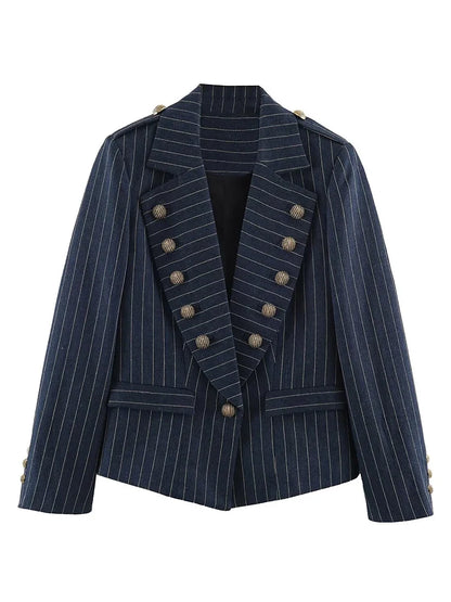 2026 Fashion Women's  Navy Pinstripe Blazer Autumn Elegant Female Long Sleeves Button Military Style Slim Suit Jacket
