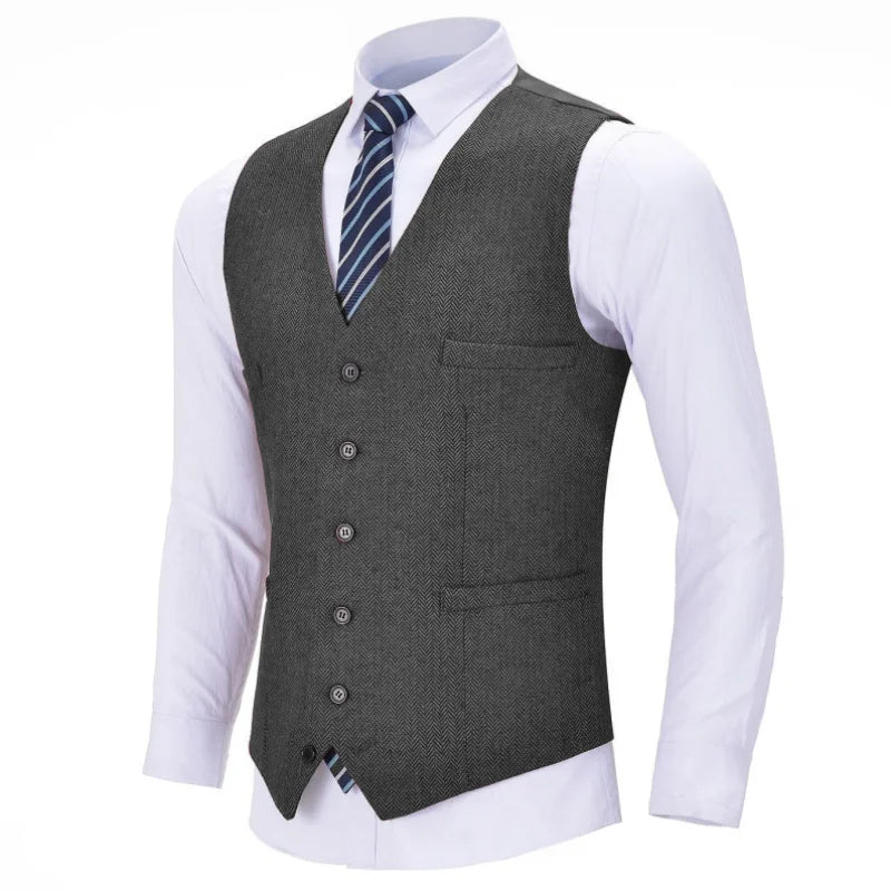 Men's Herringbone Vest Single Breasted Formal Waistcoat for Weddings and Business