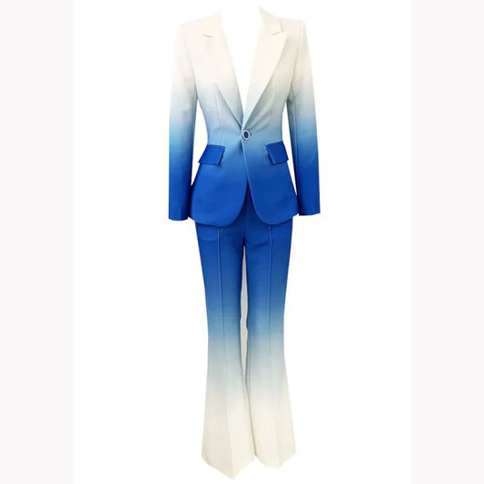 Customized Women's Suits Blue and White Gradient Casual Suit Single Button Double-breasted Two Pieces (Jacket+Pants) Daily Set