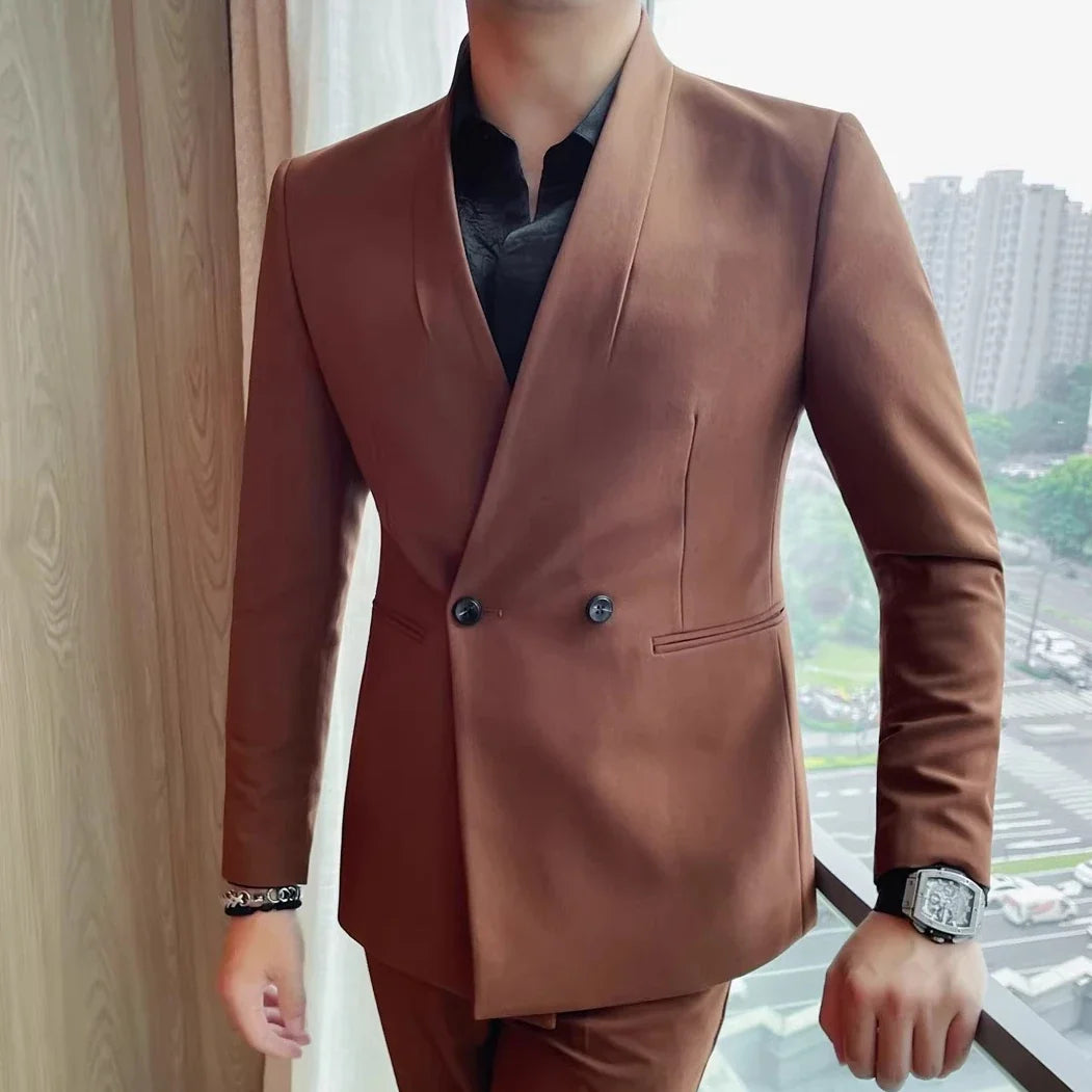 Autumn Winter Collarless Gentleman's Suit Jacket Men's Dinner Party Formal Dress Coats Blazers Wedding Business Suit Jackets