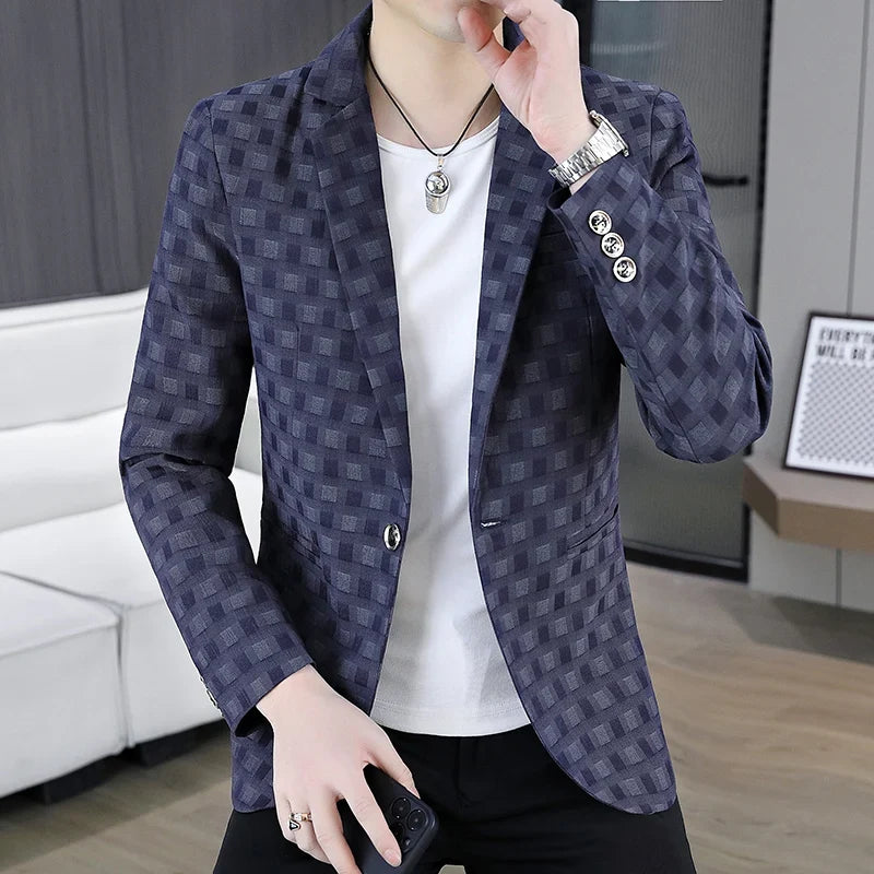 2026 Spring Autumn Men's Suit Jacket Korean Checkered Suit Jackets Slim Fit Fashion Casual Business Formal Blazers Costume Homme