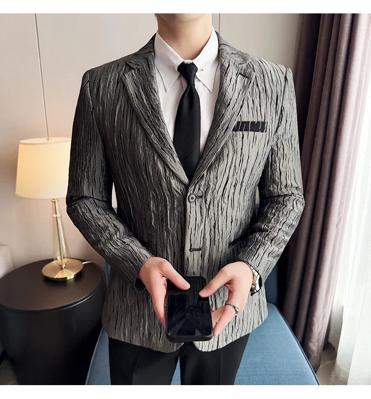 Korean Trend 3D Pleated Suit Jacket for Men Wedding Groom Business Dress Jacket Casual Banquet Party Host Blazer Masculino