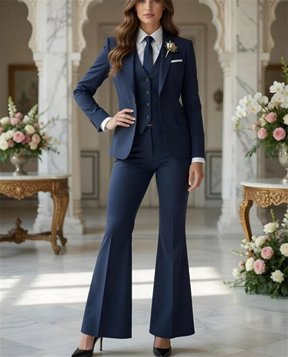 Navy Blue 3 Piece Suit Women Trauanzug Damen Costume Femme Bleu Tuxedo Flared Pantsuit 70s Retro Vintage Bridal