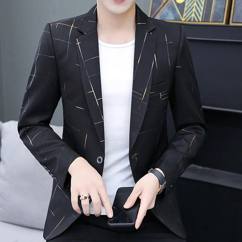 Men's Slim Fit Blazer – Gradient Color, Gold Thread Embossed, Smart Casual