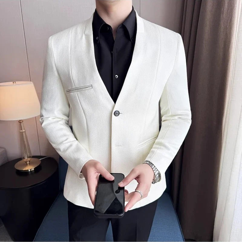 Chinese Style Collarless Suit Jacket Men Fashion Slim Fit Versatile Blazers Male Casual Business Wedding Groom Dress Jacket 2025