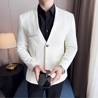 Chinese Style Collarless Suit Jacket Men Fashion Slim Fit Versatile Blazers Male Casual Business Wedding Groom Dress Jacket 2025