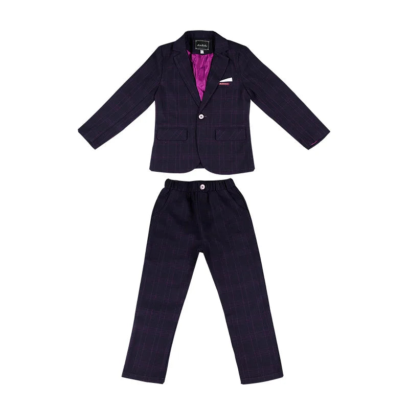 Handsome Boys Plaid Suit Set With Blazer Vest Pants Bowtie Brooch 1-11Years Kids Formal Birthday Wedding Party Outfit Suit Set