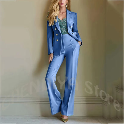 Solid Color Suit For Women High Quality Double Breasted Two Piece Notch Lapel Slim Fit Elegant Fashion Female Outfit Jacket Pant