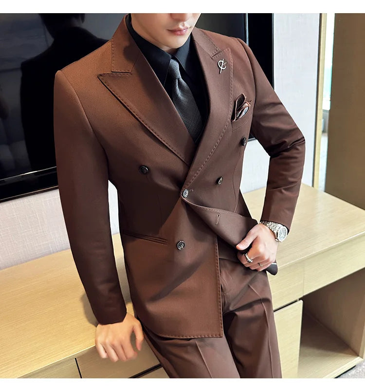 (Jackets +Pants ) Men's Suits 2 Piece High-Quality Double Breasted Lapel Solid Business Groom Wedding Tuxedo Banquet Clothing
