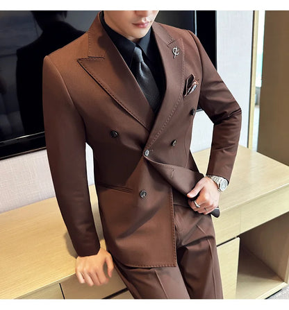 (Jackets +Pants ) Men's Suits 2 Piece High-Quality Double Breasted Lapel Solid Business Groom Wedding Tuxedo Banquet Clothing