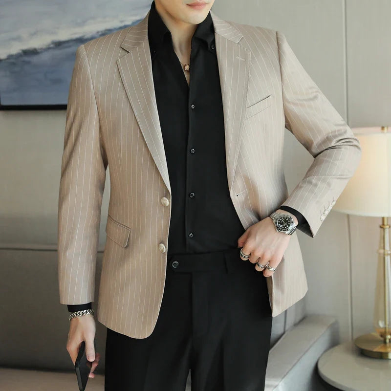 2026 New Simple Versatile Striped Suit Jacket for Men Slim Fit Casual Business Blazers Wedding Social Host Party Jackets S-5XL