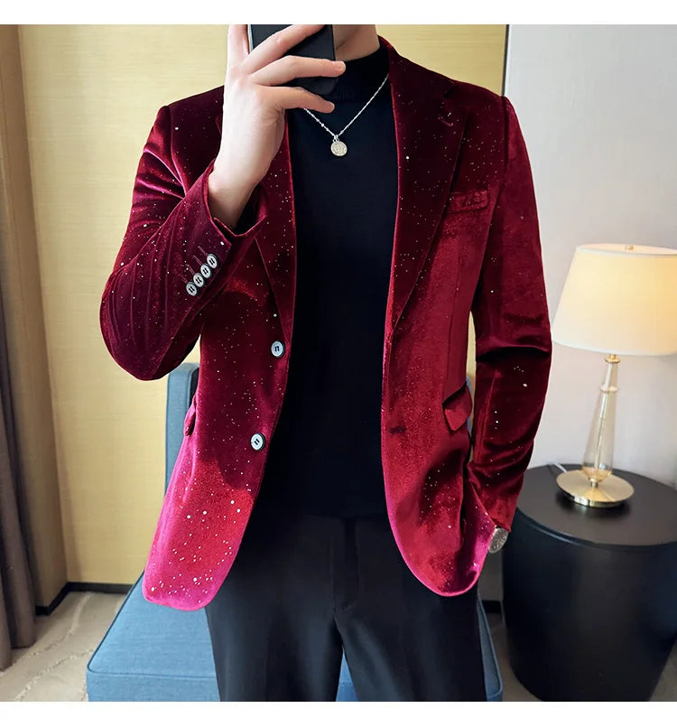 2025 Autumn New Velvet Jacket Men's Blazer Business Fashion Hot Stamping Printed Suit Jacket High-quality Luxury Dress Suit