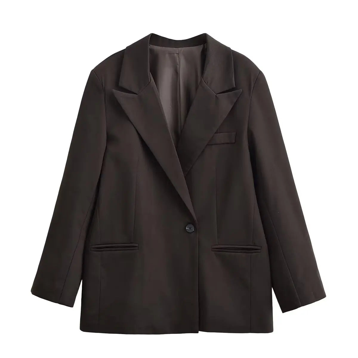 Autumn Women Fashion Solid Blazer Female High Street Pockets Turn-down Collar Single Button Commuter Casual Long Sleeve Coat