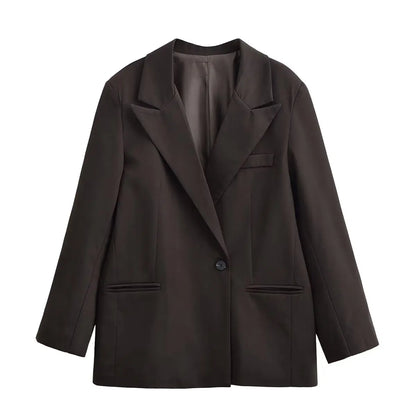 Autumn Women Fashion Solid Blazer Female High Street Pockets Turn-down Collar Single Button Commuter Casual Long Sleeve Coat
