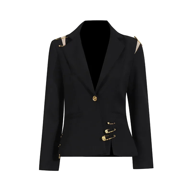 Autumn New Women Chic Blazer Asymmetrical Pin Design Single Button Slim Fit Elegant Fashion Office Lady Stylish Coat HK9876