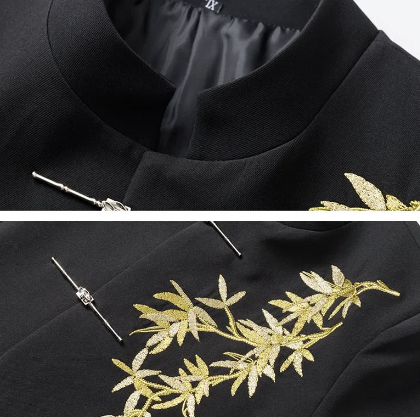 Blazer Hombre Men Luxury Clothing Oversized Chinese Style Golden Bamboo Embroidery Metal Buckle Elegant Suit for Man Jacket Coat