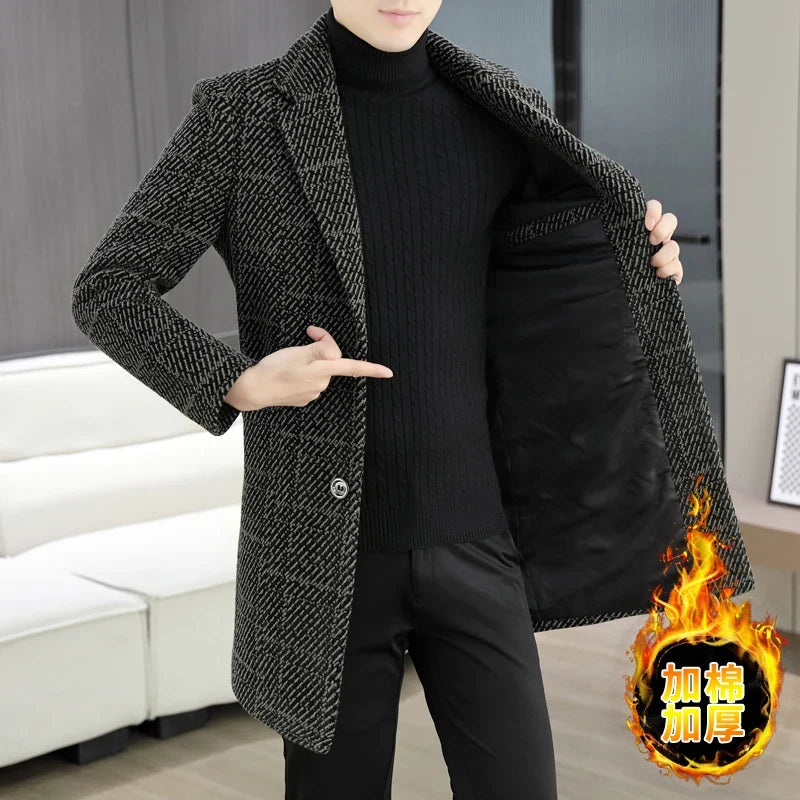 High-quality winter men's fashionable and stylish woolen overcoat, suit collar, mid-length windbreaker, woolen coat