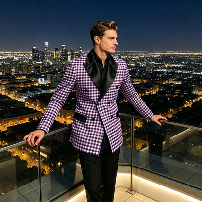 Men's Checkered Double Breasted Blazer Tailored Slim Fit Formal Jacket For Wedding Groom Cocktail Event Prom Dinner Party Coat