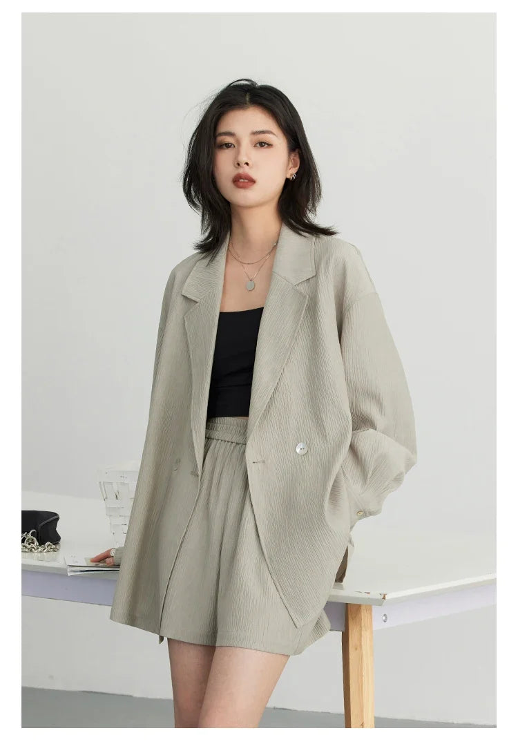 Women's Blazer Solid Casual Long Sleeve Jacket Texture Thin Suit Coat Shorts Office Lady Tops 2023 Summer New Fashion