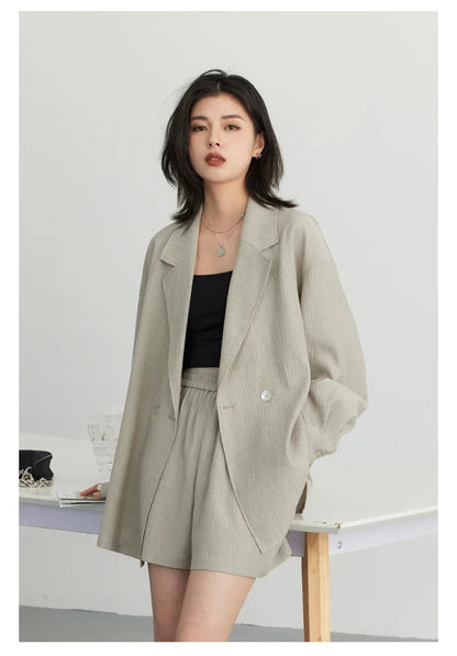 Women's Blazer Solid Casual Long Sleeve Jacket Texture Thin Suit Coat Shorts Office Lady Tops 2023 Summer New Fashion