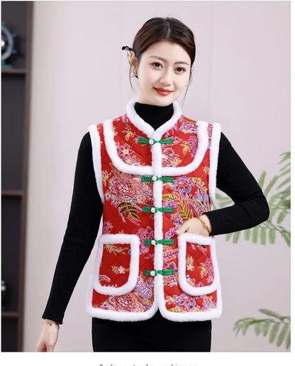 Middle-aged Mother Add Velvet Warm Vest Coat Autumn Winter New Printed Fleece Sleeveless Jacket Grandma Thicken Warm Waistcoat