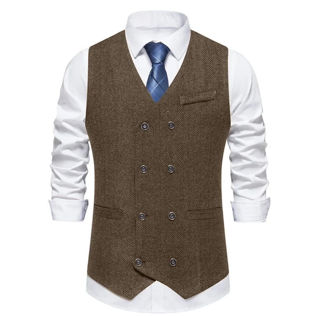 Men's Herringbone Vest Double Button V-Neck Waistcoat for Weddings & Business