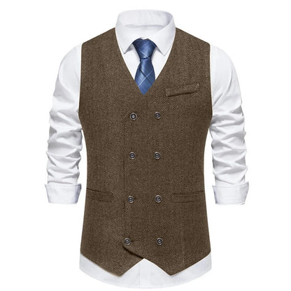 Men's Herringbone Vest Double Button V-Neck Waistcoat for Weddings & Business