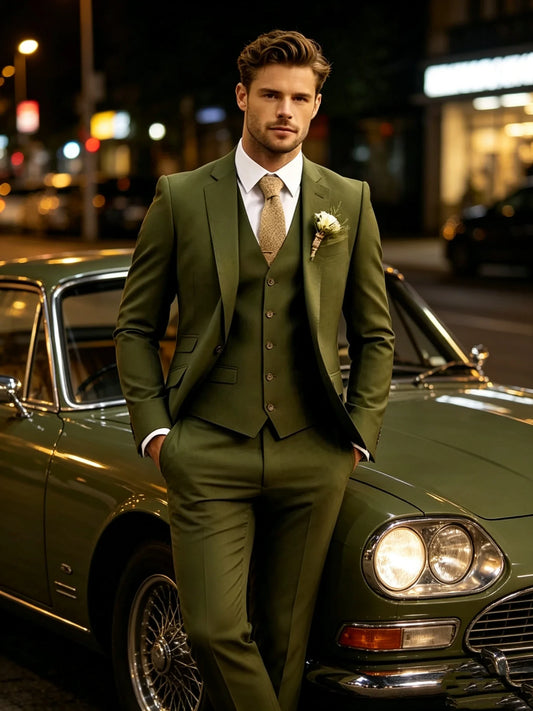 New Green 3 Piece Men's Slim Fit Tuxedo Suits Groom Wedding Prom Party Formal Dress Suit with Blazer Pants And Vest Men Clothes