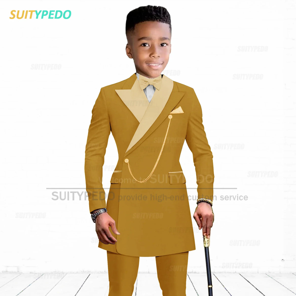 Brief Kids Suit Set  Formal Evening Prom Boys Stylish Gold Lapel Blazer And Pants Two Pieces Children Baptism Formal Costumes