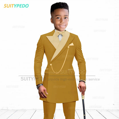 Brief Kids Suit Set  Formal Evening Prom Boys Stylish Gold Lapel Blazer And Pants Two Pieces Children Baptism Formal Costumes
