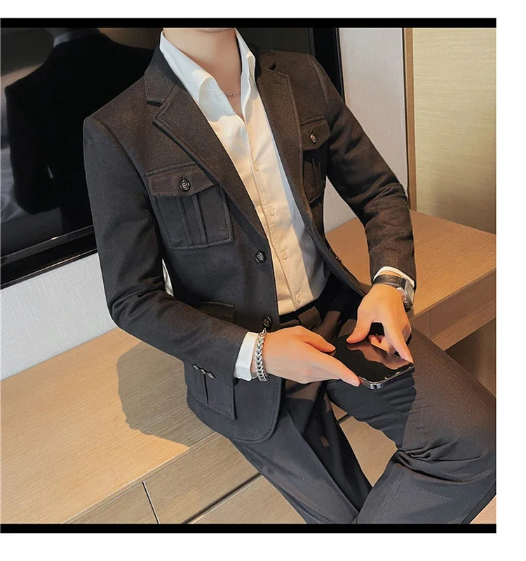 Winter Woolen Suit Jacket for Men Multiple Pockets Slim Fit Casual Business Blazers Masculino Wedding Streetwear Social Coats