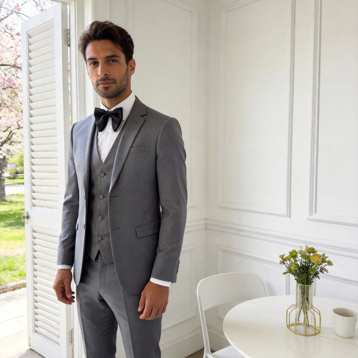 Leisure Grey Men's Suit 3 Pieces Blazer Vest Pants Bow Collar Lapel Slim Fit Wedding Tuxedos Work Business Formal Customized